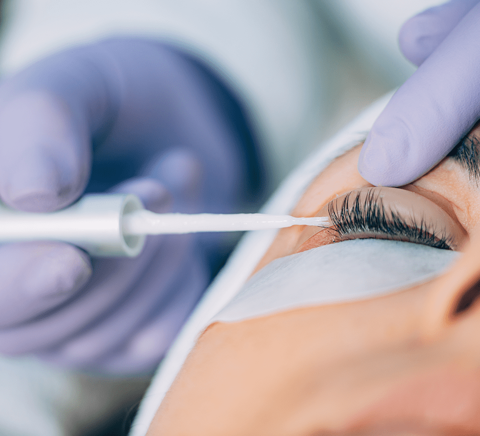 Close-up of eyelash care procedure